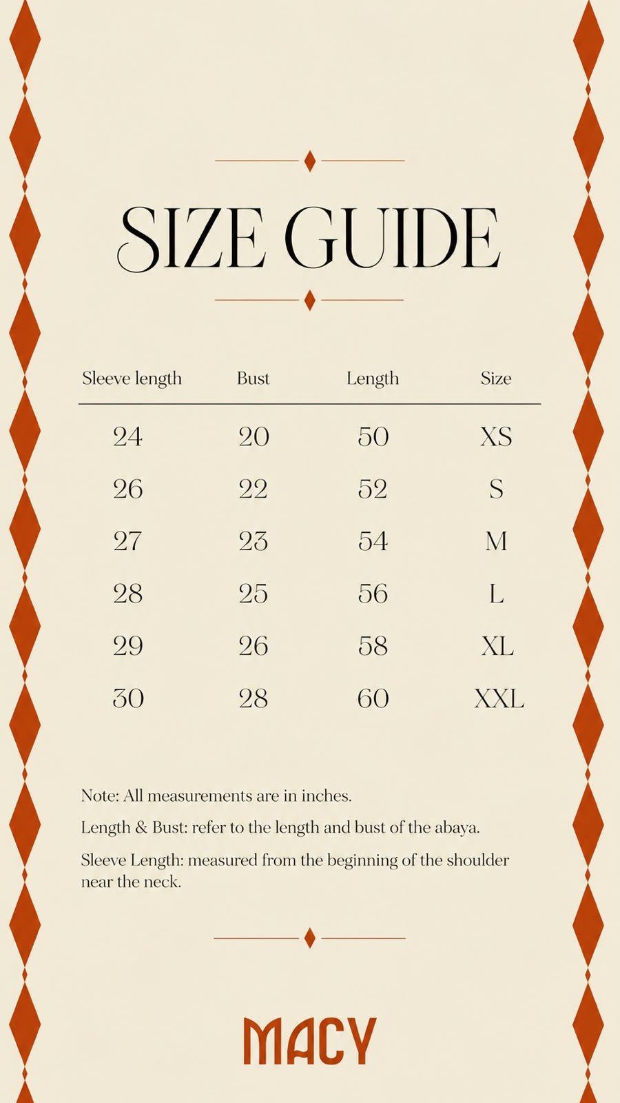 MACY abaya size guide